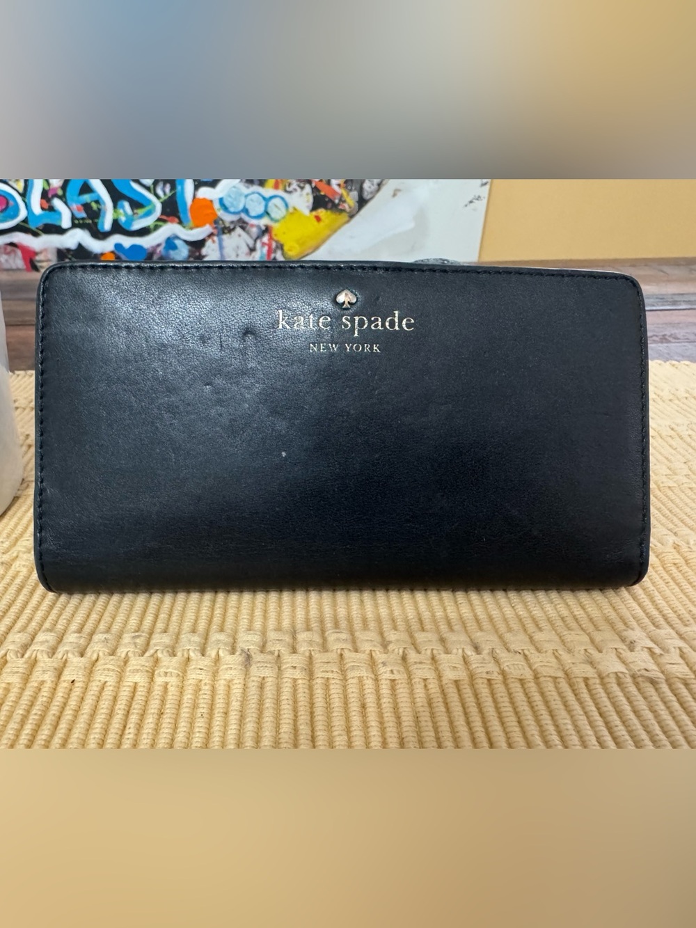 kate spade Black Leather Continental Wallet with Gold Logo